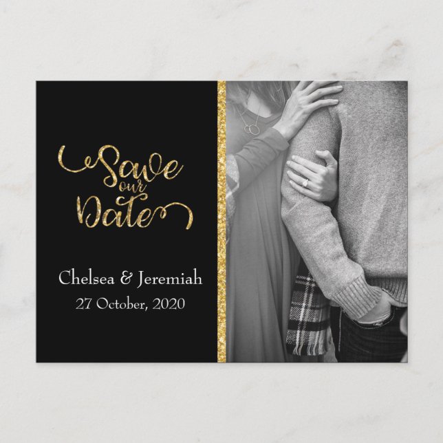 Black and Gold Glitter Save the Date Postcard (Front)