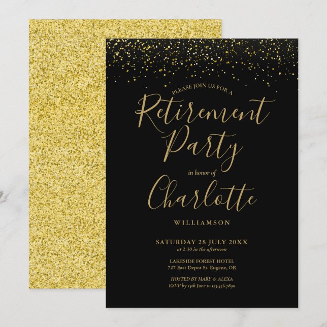 Black And Gold Glitter Script Retirement Party Invitation (Front/Back)