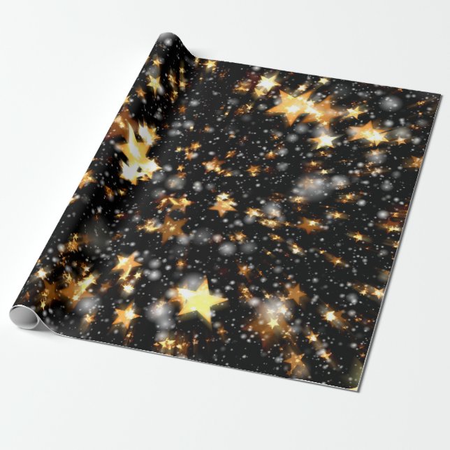 Black and Gold Glitter Stars Christmas Wrapping Paper (Unrolled)