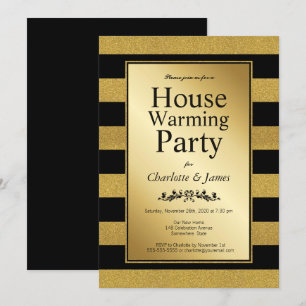 Black and Gold Glitter Striped Housewarming Party Invitation