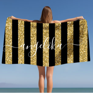 Black and Gold Glitter Stripes Script Custom Name  Beach Towel