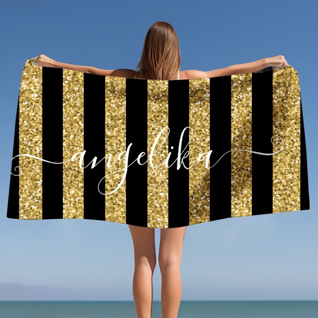 Black and Gold Glitter Stripes Script Custom Name  Beach Towel (Black and Gold Glitter Stripes Script Custom Name Beach Towel)