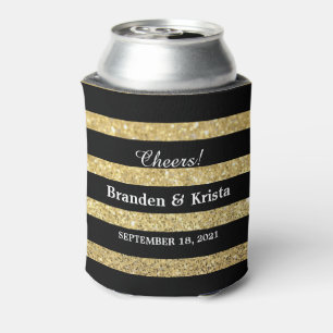 Black and Gold Glitter Stripes Wedding Can Cooler