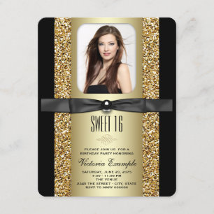 Black and Gold Glitter Sweet 16 Party Invitation