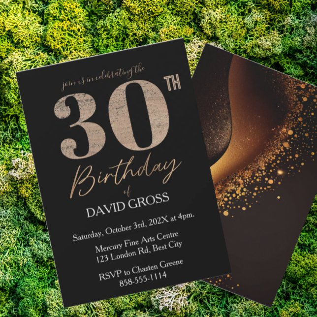 Black and Gold Glitter Swirl 30th Birthday  Invitation (Creator Uploaded)