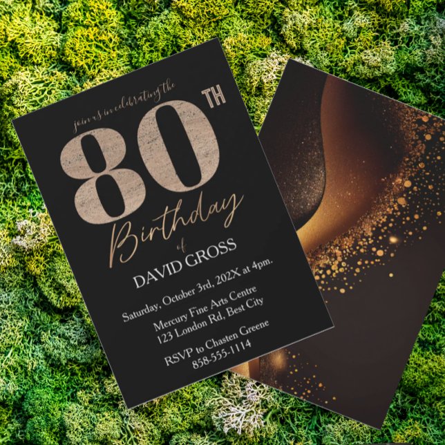 Black and Gold Glitter Swirl 80th Birthday  Invitation (Creator Uploaded)