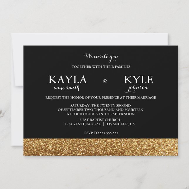 Black and Gold Glitter Wedding Invitations (Front)
