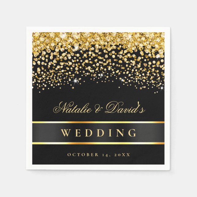 Black and Gold Glitter Wedding Napkin (Front)