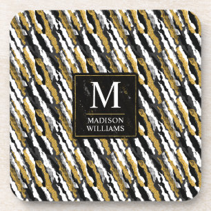 Black and Gold Glitter White Animal Zebra Pattern Coaster