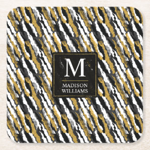 Black and Gold Glitter White Animal Zebra Pattern Square Paper Coaster