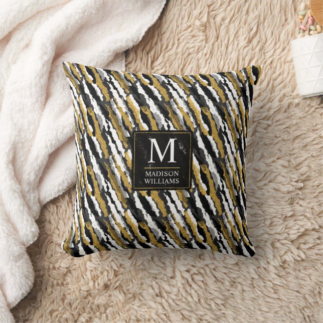Black and Gold Glitter White Animal Zebra Pattern Throw Pillow (Blanket)