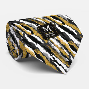 Black and Gold Glitter White Animal Zebra Pattern Tie