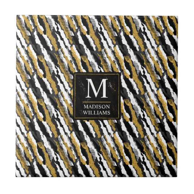 Black and Gold Glitter White Animal Zebra Pattern Tile (Front)
