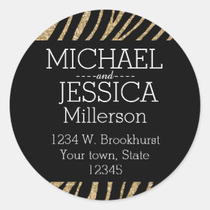 Black and Gold Glitter Zebra Personalized address Classic Round Sticker