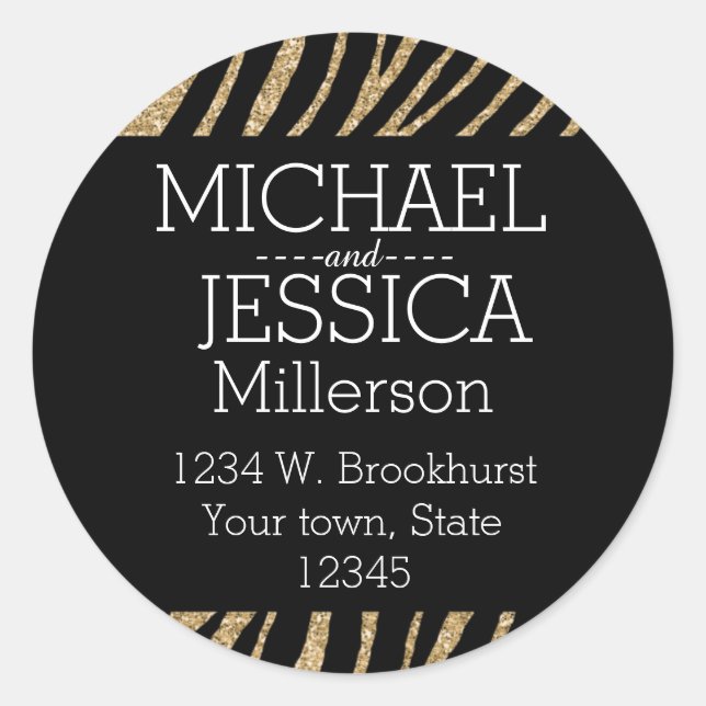 Black and Gold Glitter Zebra Personalized address Classic Round Sticker (Front)