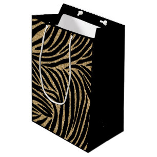 Black and Gold Glitter Zebra Print Medium Gift Bag
