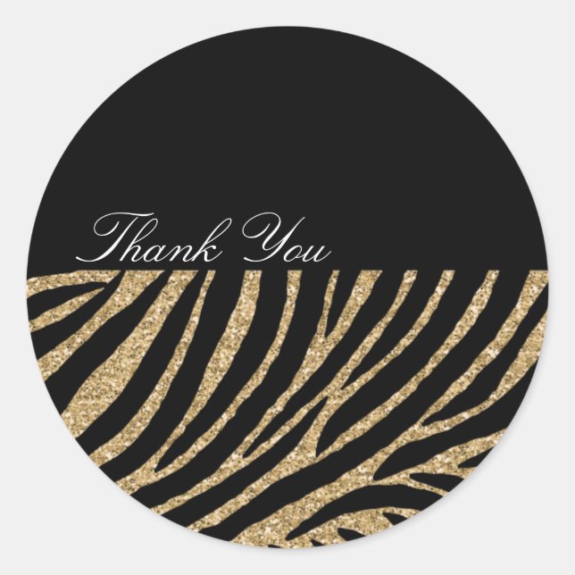 Black and Gold Glitter Zebra Print Thank you Classic Round Sticker (Front)