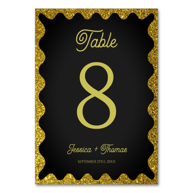 Black and Gold Glitters Wavy Retro Wedding Table Number (Front)
