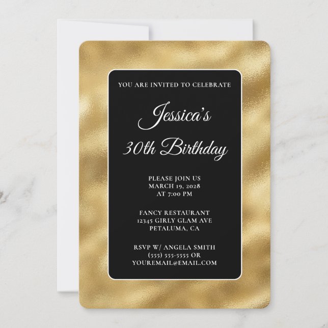 Black and Gold Glossy Foil 30th Birthday Invitation (Front)
