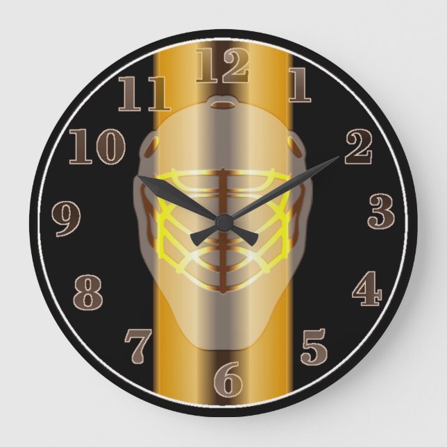 Black and Gold Goalie Mask Hockey Wall Clock (Front)
