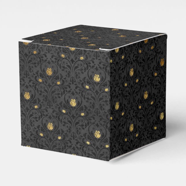 Black and Gold Gold Floral Grunge Damask Favor Box (Front Side)