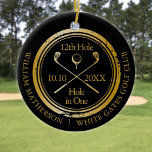 Black And Gold Golf Hole In One Retro Personalized Ceramic Ornament<br><div class="desc">Featuring an aged stamp effect classic retro design. Personalize the name,  location hole number and date to create a great golf keepsake to celebrate that fantastic hole in one. Designed by Thisisnotme©</div>