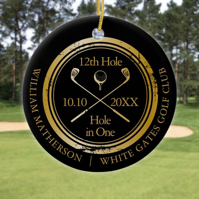Black And Gold Golf Hole In One Retro Personalized Ceramic Ornament (Black And Gold Golf Hole In One Retro Personalized Ceramic Ornament)