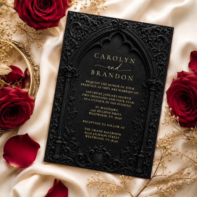 Black and Gold Gothic Arch Wedding Invitation (Black and Gold Gothic Arch Wedding Invitation Foil Invitation)