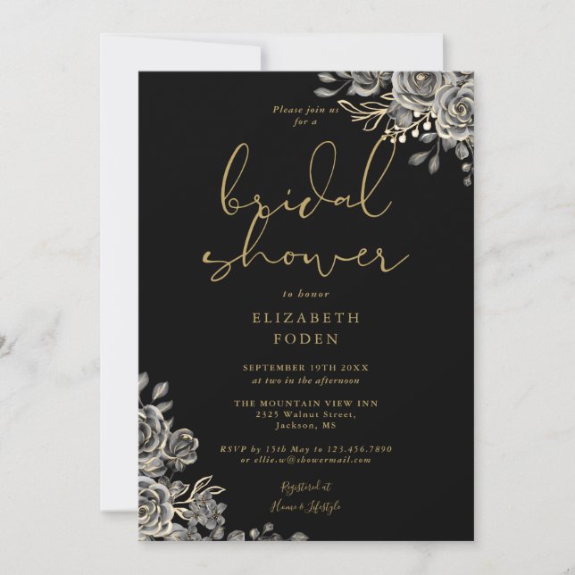 Black And Gold Gothic Floral Bridal Shower Invitation (Front)
