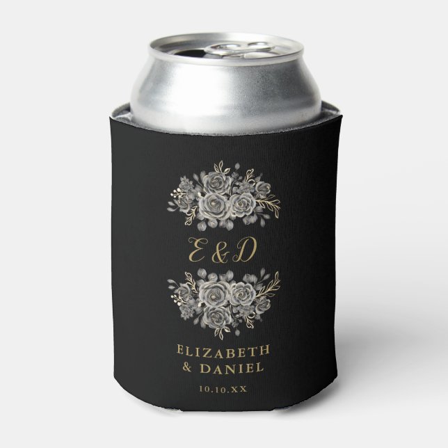 Black And Gold Gothic Floral Monogram Wedding Can Cooler (Can Front)