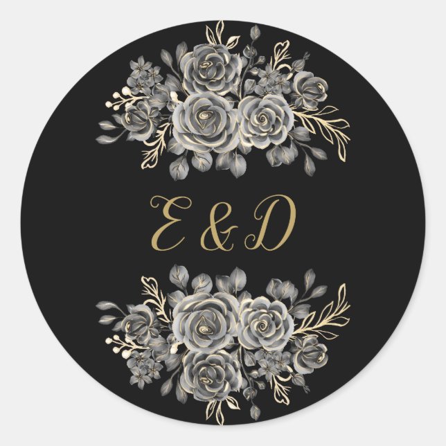 Black And Gold Gothic Floral Roses Monogram Classic Round Sticker (Front)