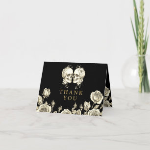 Black And Gold Gothic Floral Skulls Wedding Thank You Card