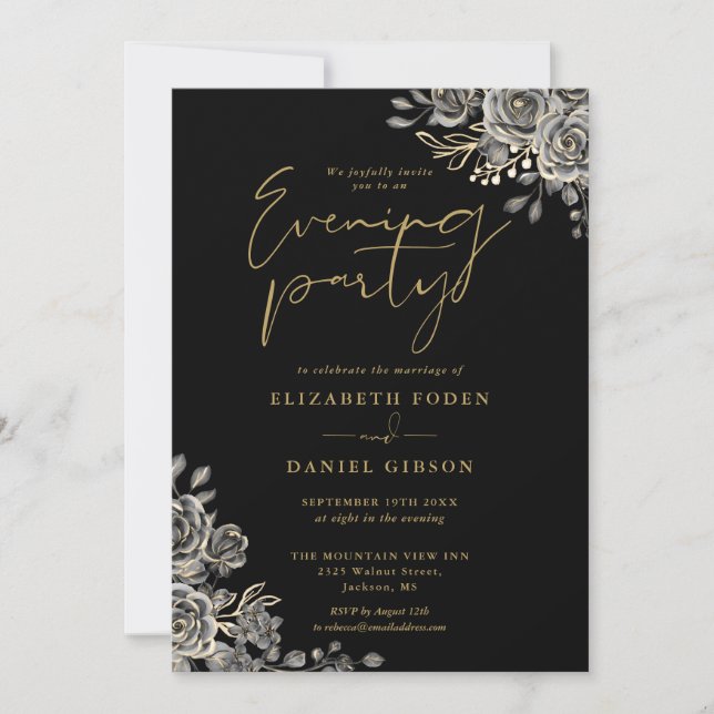 Black And Gold Gothic Floral Wedding Evening Party Invitation (Front)