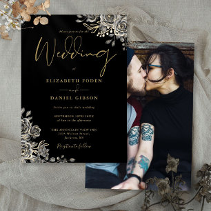 Black And Gold Gothic Roses Floral Photo Wedding Invitation