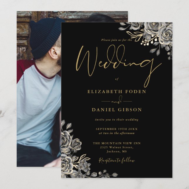 Black And Gold Gothic Roses Floral Photo Wedding Invitation (Front/Back)