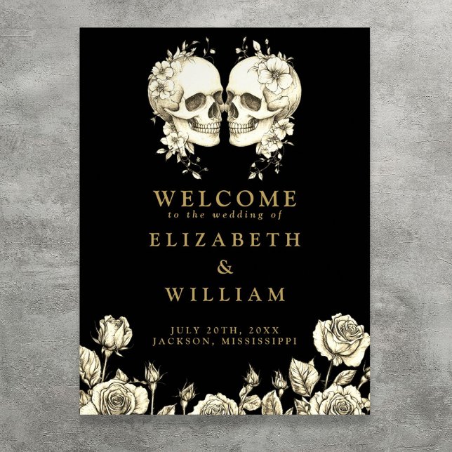 Black And Gold Gothic Skulls Wedding Welcome Sign (Black And Gold Gothic Skulls Wedding Welcome Sign)