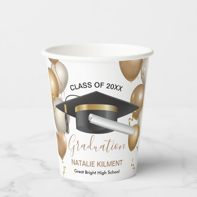 Black and Gold Graduate Cap Graduation 2022 Paper Cups (Front)