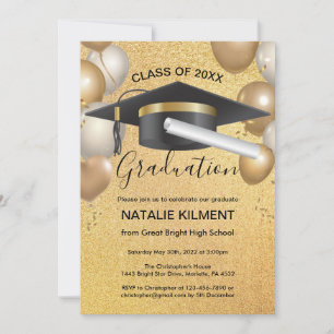 Black and Gold Graduate Cap Graduation Party Invitation