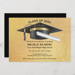 Black and Gold Graduate Cap Graduation Party Invitation