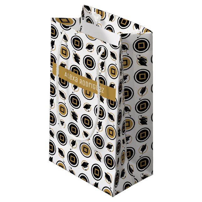 Black and Gold Graduation Cap Pattern Small Gift Bag (Front Angled)