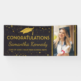 Black And Gold Graduation Confetti Grad Cap Photo  Banner