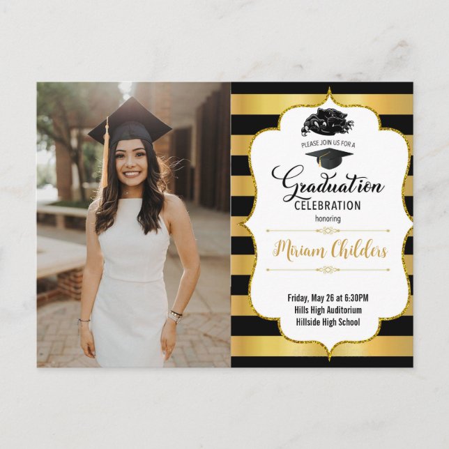 Black and Gold Graduation Invitation with Photo (Front)