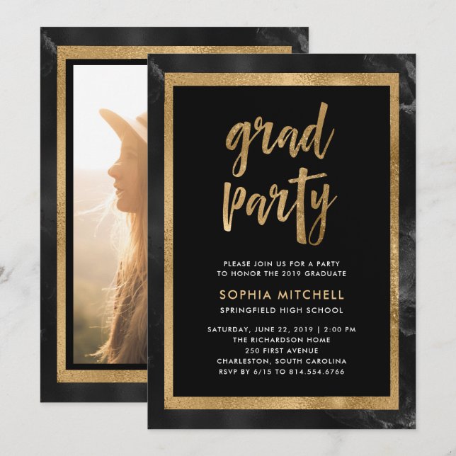 Black and Gold | Graduation Party Photo Invitation (Front/Back)