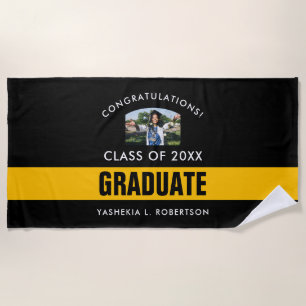 Black and Gold Graduation Personalized Photo Beach Towel