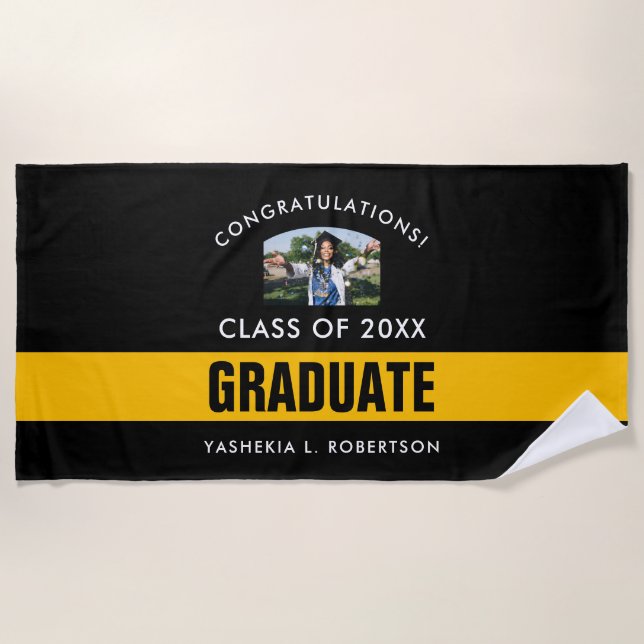  Black and Gold Graduation Personalized Photo Beach Towel (Front)