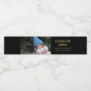 Black and Gold Graduation Photo Custom Water Bottle Label
