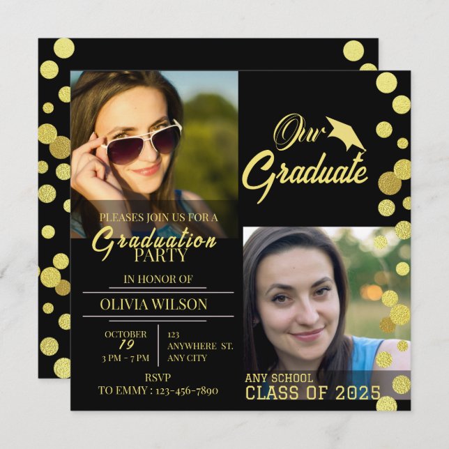 Black and Gold Graduation Photo Invitation (Front/Back)