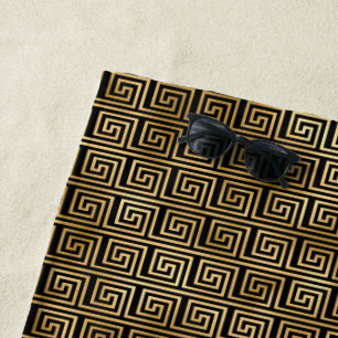 Black and Gold Greek Key Pattern  Beach Towel