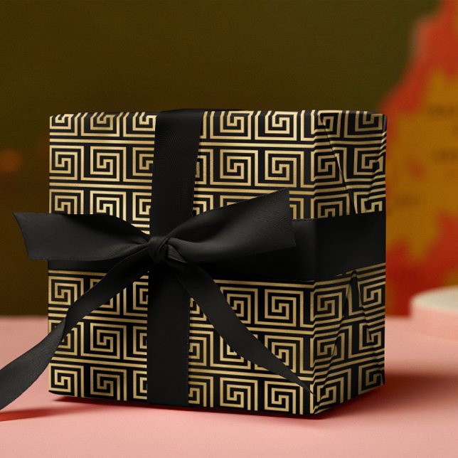 Black and Gold Greek Key Pattern  Wrapping Paper (Creator Uploaded)