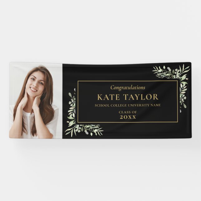Black And Gold Greenery Graduation Photo Congrats Banner (Horizontal)